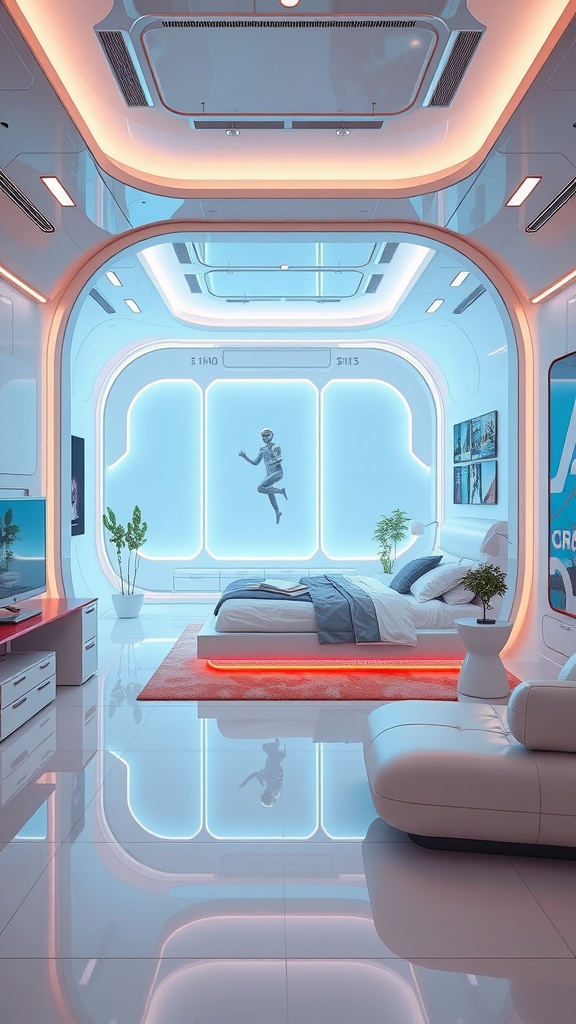 A futuristic themed bedroom featuring sleek furniture and bright neon accents.