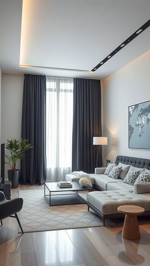 A stylish living room featuring black curtains, geometric patterns on cushions and rug, and modern furniture.