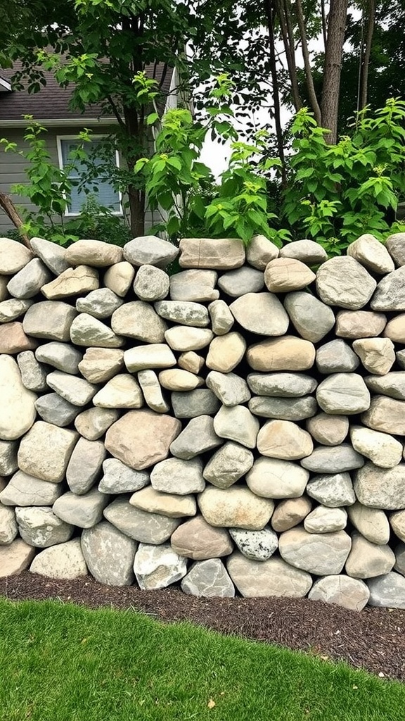 A decorative gabion stone wall made of various sizes of rocks, surrounded by green grass and trees.