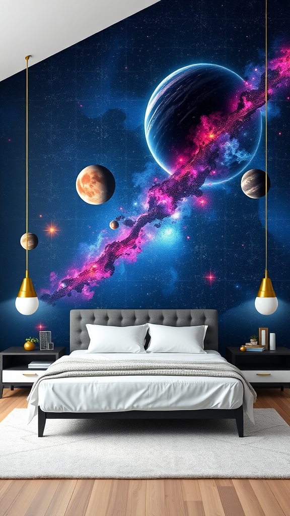 A bedroom with a galactic wall mural featuring planets and a colorful nebula.