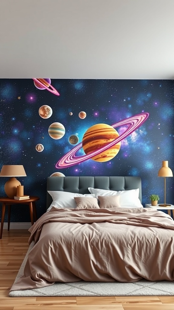 A bedroom featuring a galactic wall mural with planets and stars.