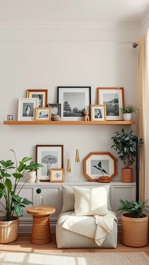 A stylish gallery ledge displaying family pictures and artwork, surrounded by plants and decorative items.