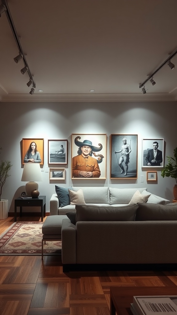 Large living room with gallery lighting highlighting art on the walls, featuring a cozy sofa and decorative elements.