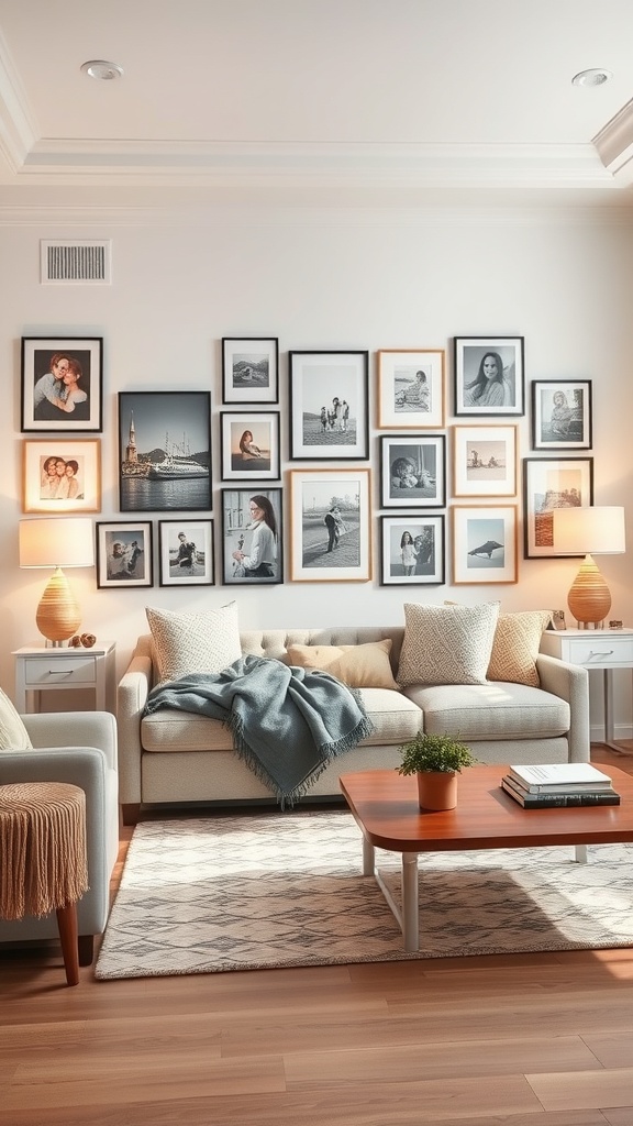 Cozy living room with a gallery wall of black-and-white framed photos above a sofa.