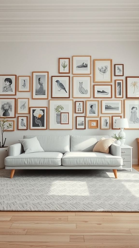 A light gray couch in a living room with a gallery wall of framed artwork.