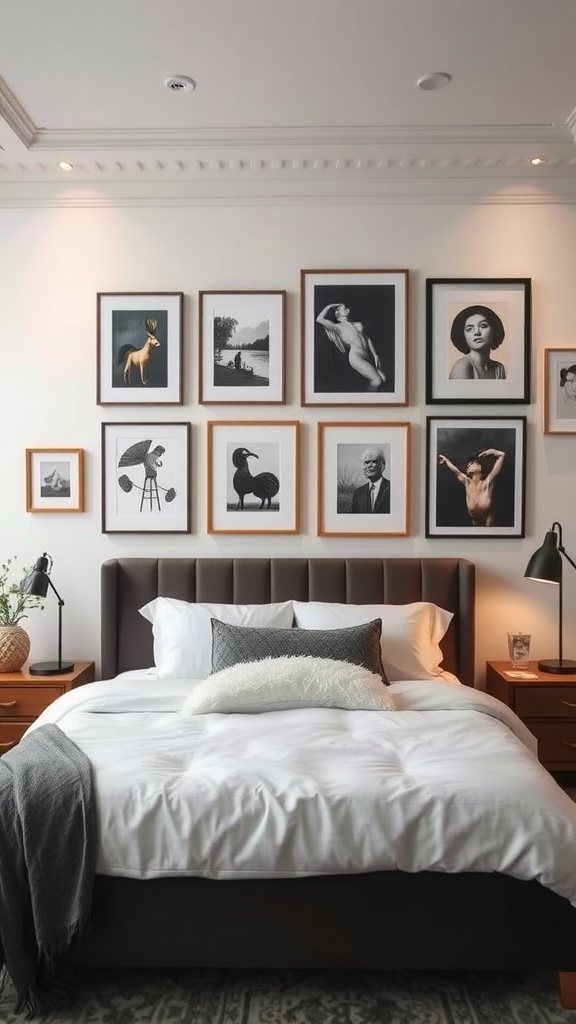 A beautifully arranged gallery wall featuring various framed black and white art pieces above a bed.