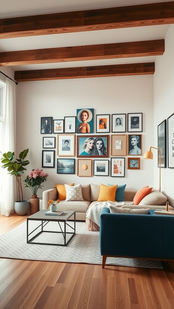 A cozy living room featuring a gallery wall of framed art, complemented by a sofa and decorative cushions.