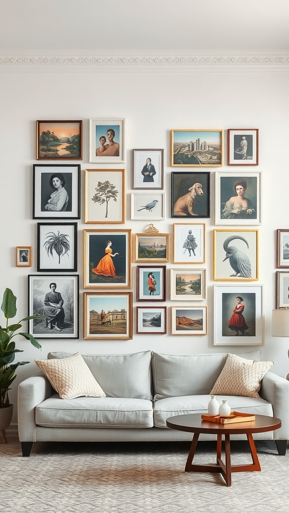 A gallery wall featuring various framed artworks arranged above a light gray sofa.
