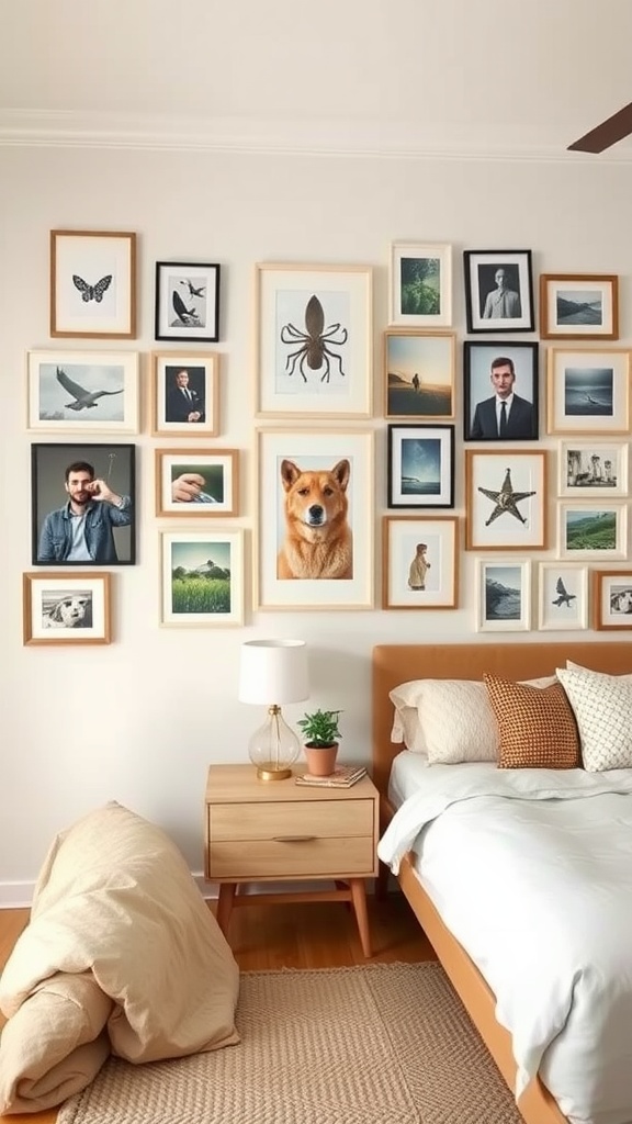 A gallery wall featuring various framed photos and art pieces above a bed, including images of a dog, nature, and portraits.