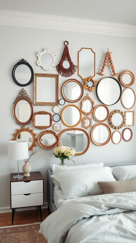 Gallery wall of mirrors in a bedroom with decorative elements