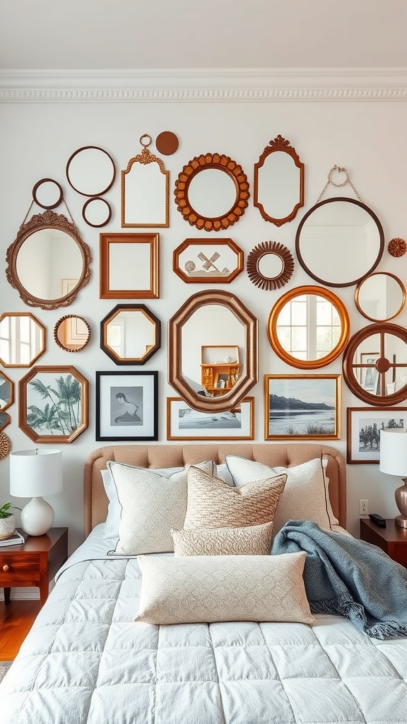 A gallery wall of mirrors in various shapes and sizes, arranged above a bed with decorative pillows.