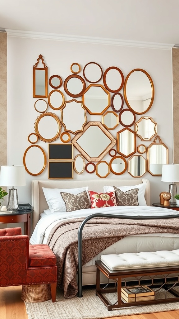 Gallery wall of mirrors in various shapes and sizes above a bed