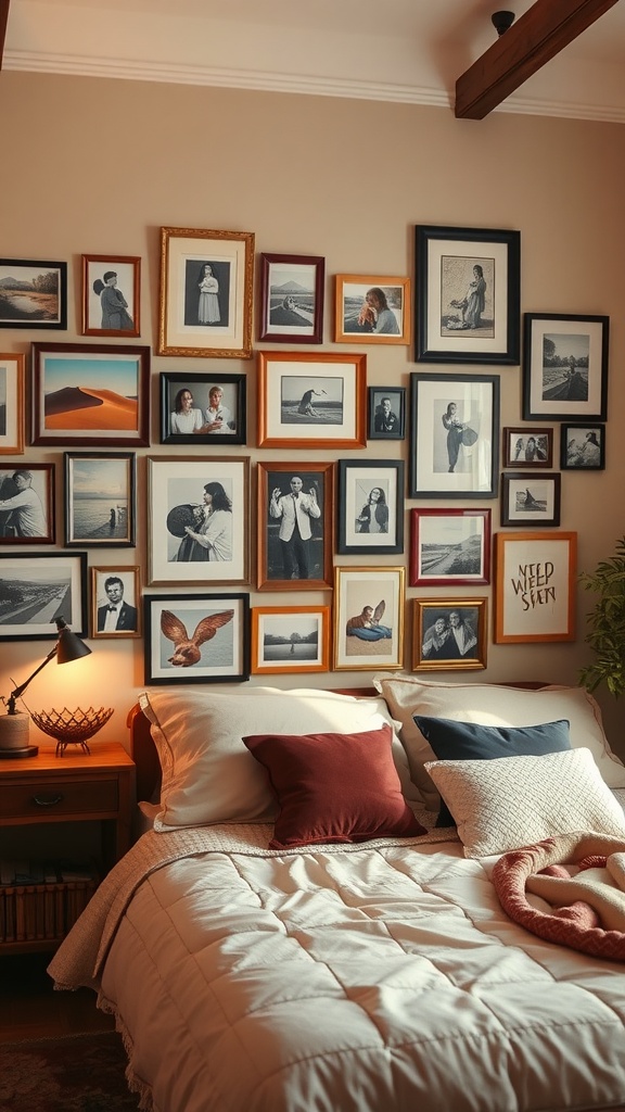 A cozy bedroom featuring a gallery wall filled with various framed photographs and artwork.