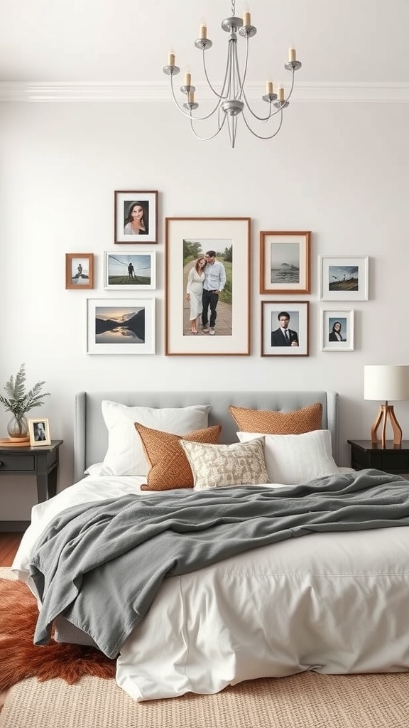 A cozy bedroom with a gallery wall of personal photos, featuring a mix of framed images and a stylish bed.