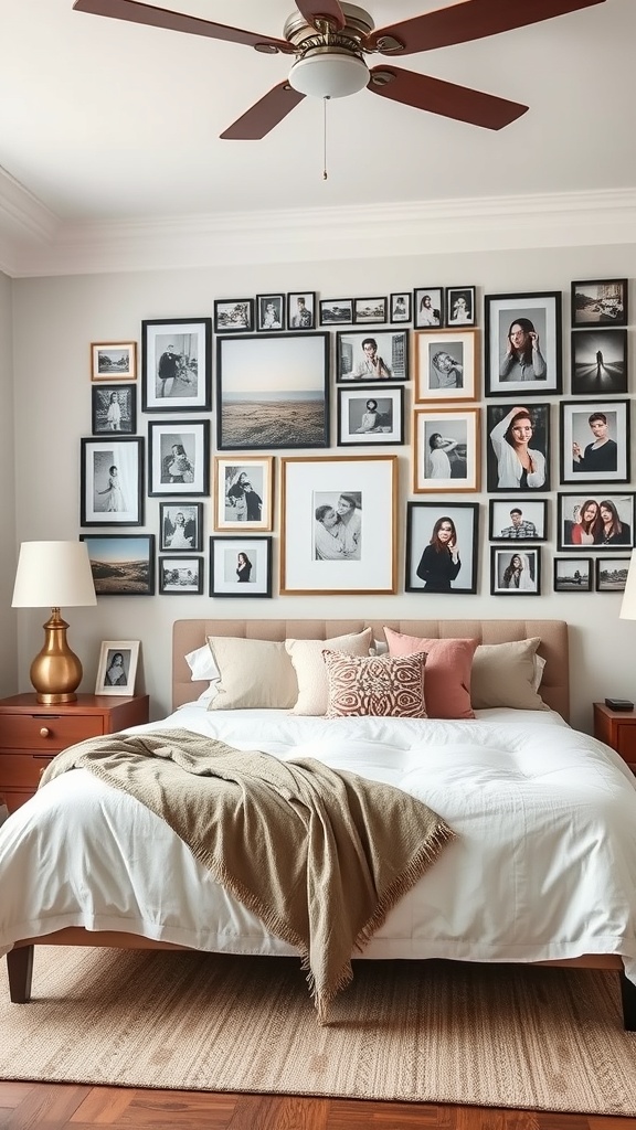 Gallery wall of personal photos in a bedroom with various framed images.