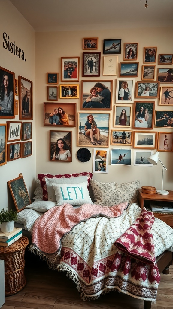 A cozy bedroom with a gallery wall filled with framed photos of sisters, showcasing memories together.