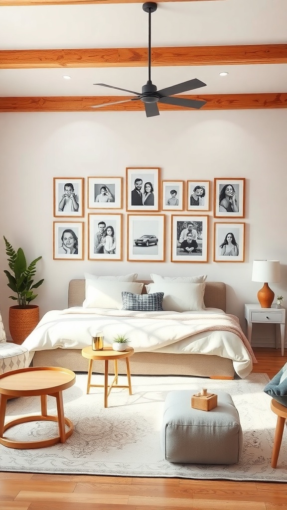 A cozy living room with a gallery wall of family photos in wooden frames.