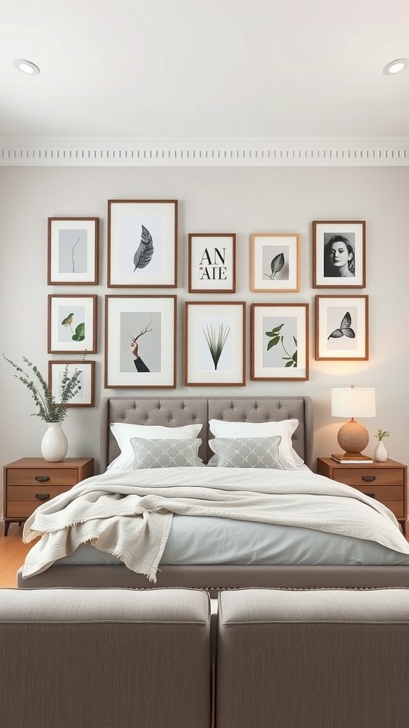 Gallery wall with gray and beige frames showcasing various artworks in a cozy living room setting.