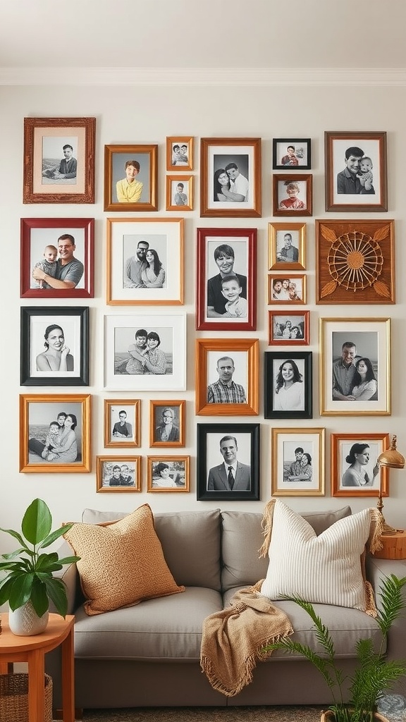 Gallery wall featuring a collection of family photos in mixed frames, with a cozy couch and plants nearby.