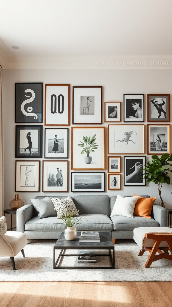 A stylish living room with a gallery wall featuring mixed frames and black and white artworks.