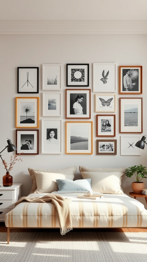 A gallery wall with mixed frames featuring various artworks and photographs.