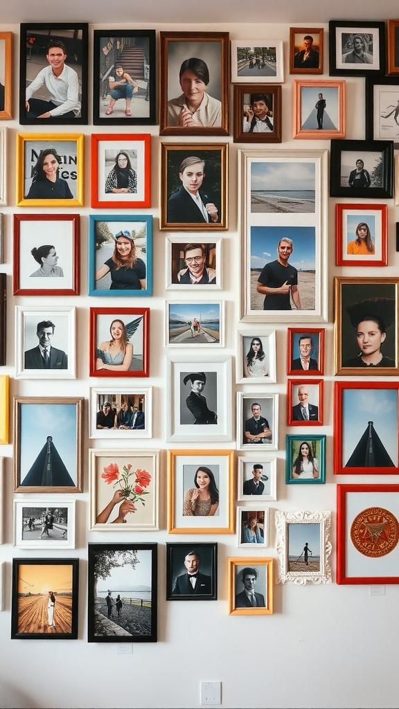 A vibrant gallery wall featuring a variety of personal photos in different frames.