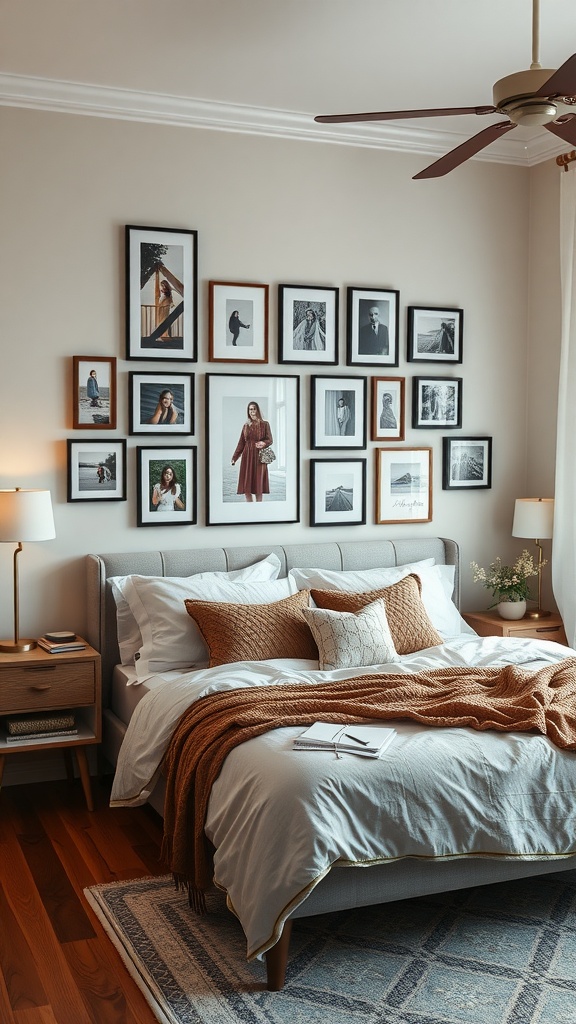 A cozy bedroom featuring a gallery wall of personal photos in various frames.
