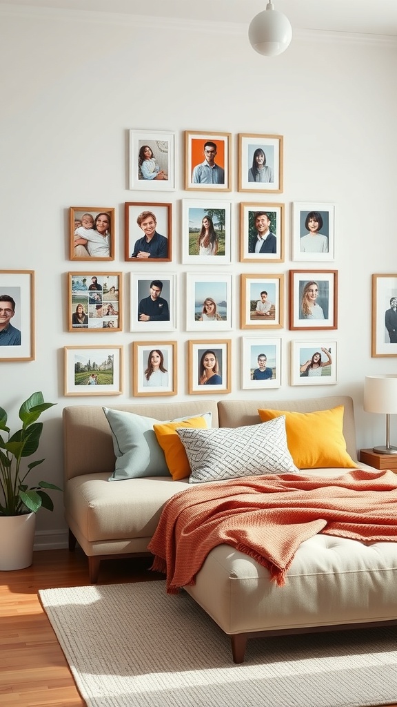 Living room with a gallery wall of personal photos above a cozy couch