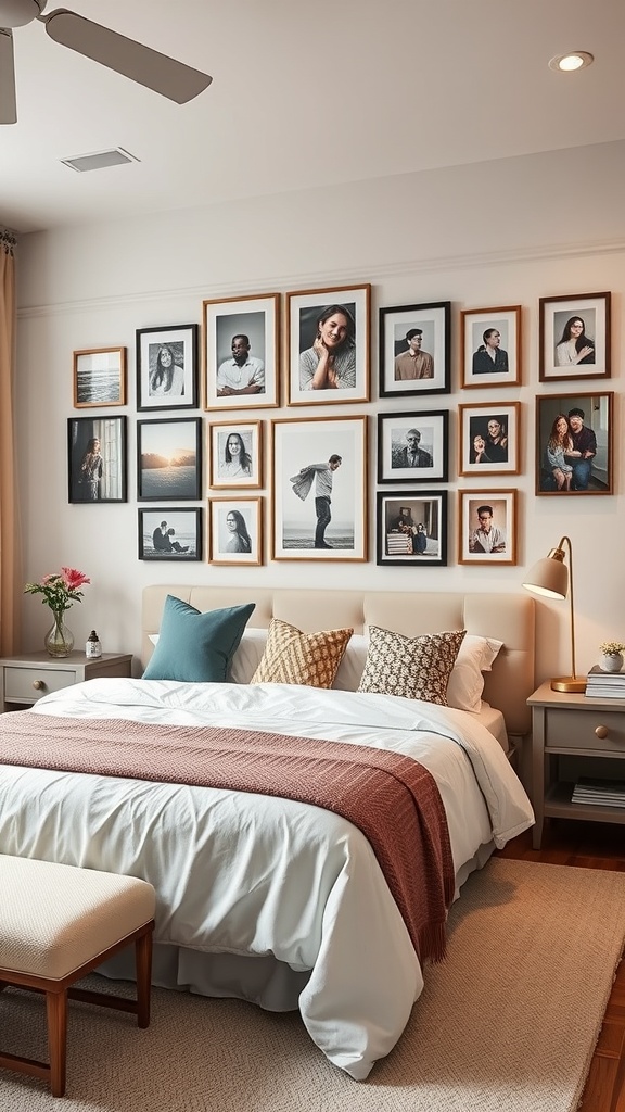 A bedroom featuring a gallery wall with framed personal photos, showcasing a mix of black and white and color images.