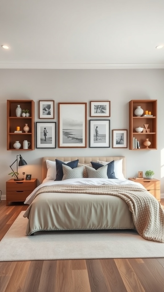 A cozy bedroom featuring a gallery wall with shelves and framed art above the bed.