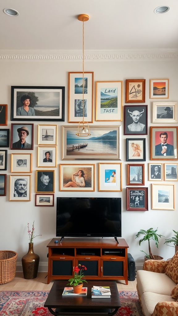 Living room featuring a gallery wall with various framed artworks surrounding a central TV.