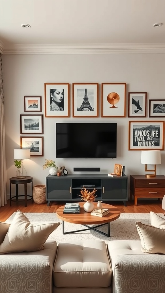 Living room with a gallery wall featuring framed artwork around a TV