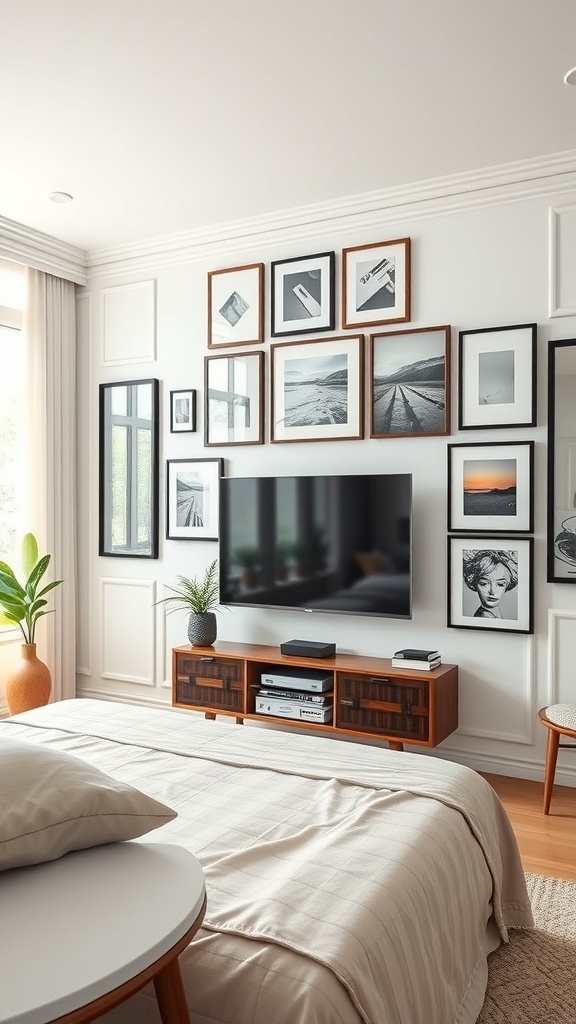 A stylish bedroom featuring a gallery wall with a TV integrated into framed art.