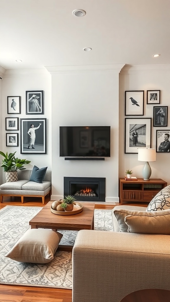A living room featuring a gallery wall with a TV integrated above framed artwork.