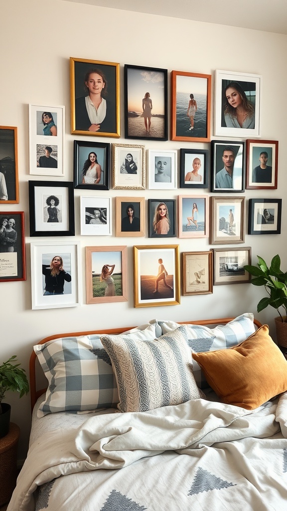 A cozy boho bedroom featuring a gallery wall of framed photographs above a bed with patterned pillows.
