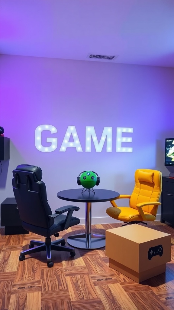 Gamer bedroom setup with stylish chairs and a 'GAME' light sign