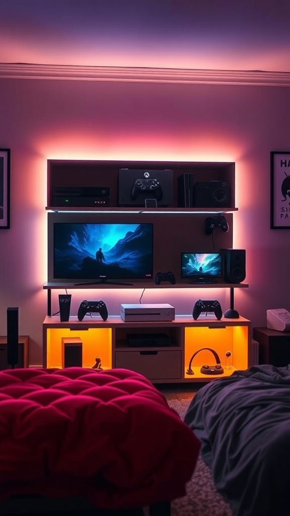 A stylish gaming console display with ambient lighting in a cozy bedroom setting.
