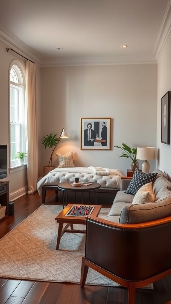 Cozy game corner in a living room with a sofa, armchair, coffee table, and board game.