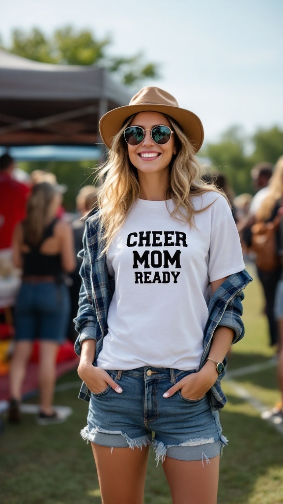 A cheerful woman wearing a 'Cheer Mom Ready' shirt, sunglasses, and a flannel shirt, standing outdoors at a game.