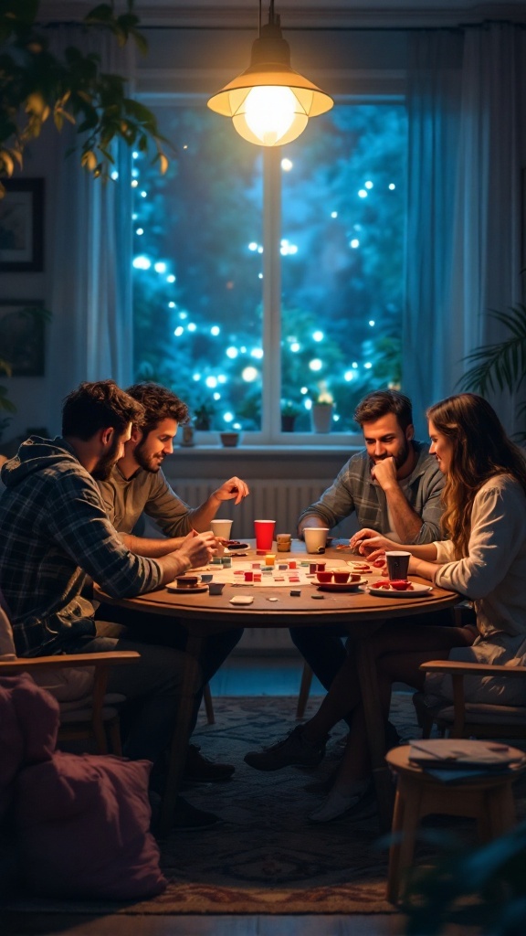 Friends gathered around a table playing board games with snacks and drinks.