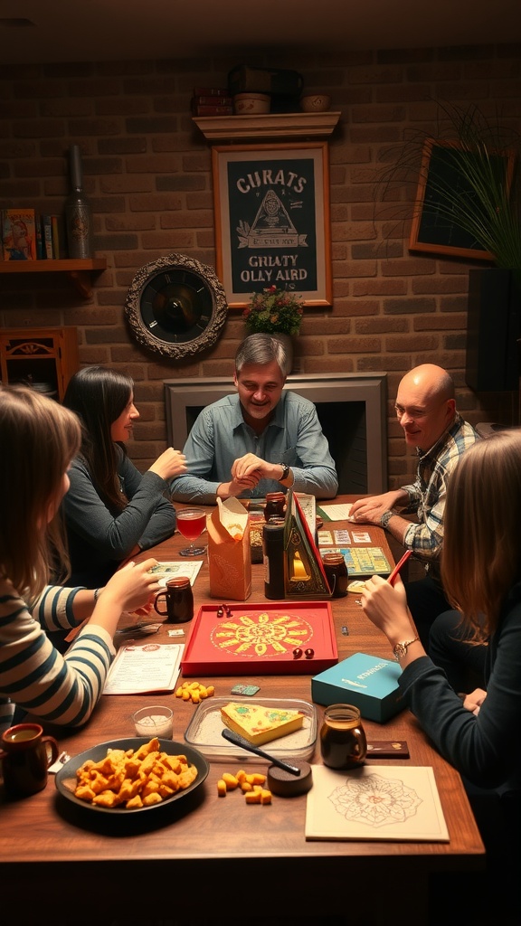 A cozy game night scene with friends gathered around a table playing board games and enjoying snacks.