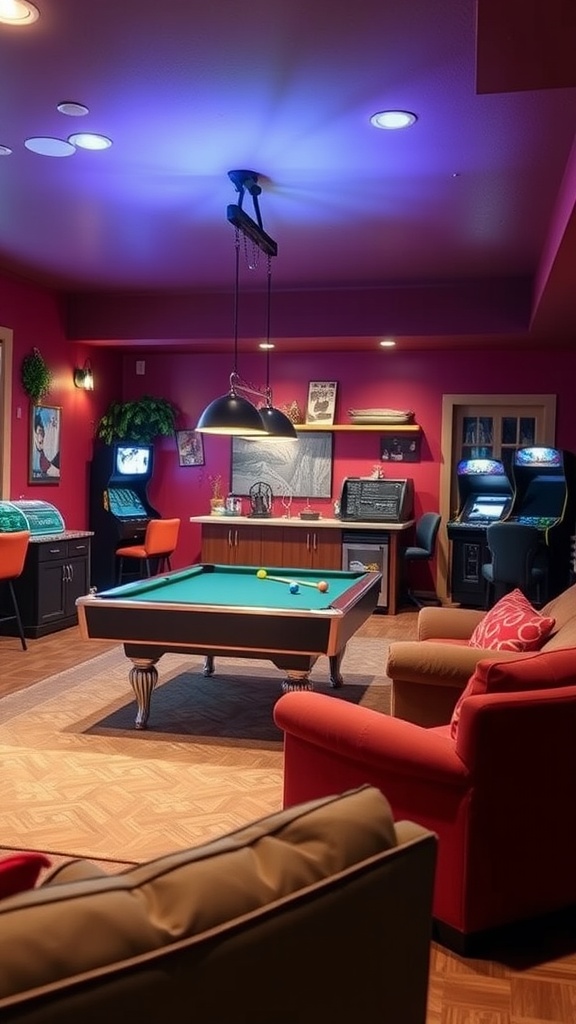 A cozy game room in a basement featuring a pool table, arcade games, and comfortable seating.