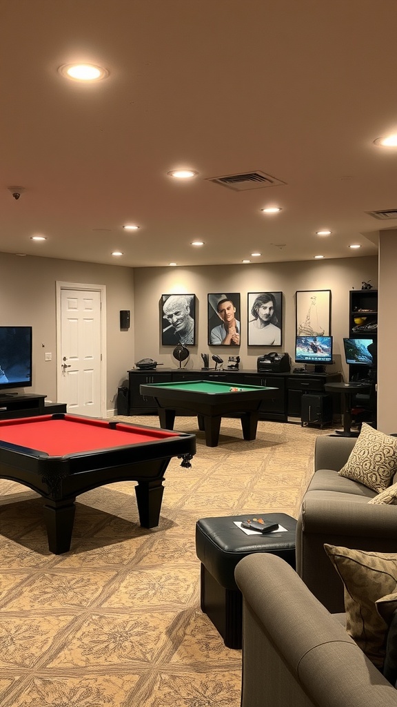 A basement game room with a pool table, poker table, cozy sofa, and wall art.