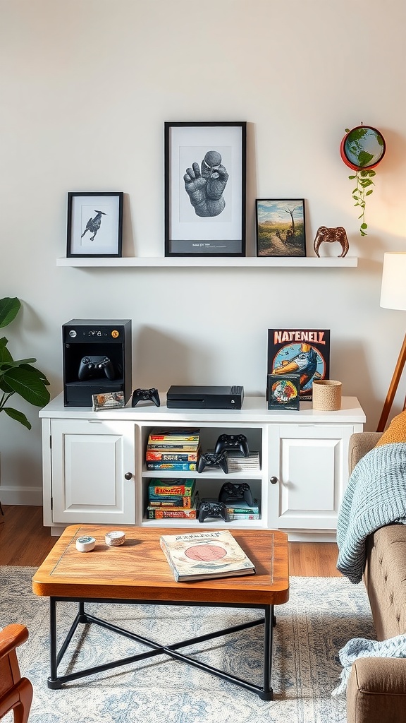 A cozy game station in a family room with a media console, video game consoles, and board games.