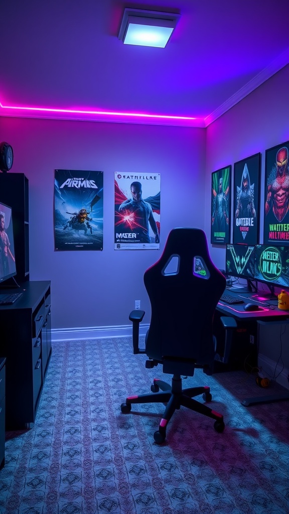 A cozy gamer bedroom featuring neon lights, gaming posters, a black chair, and multiple screens.