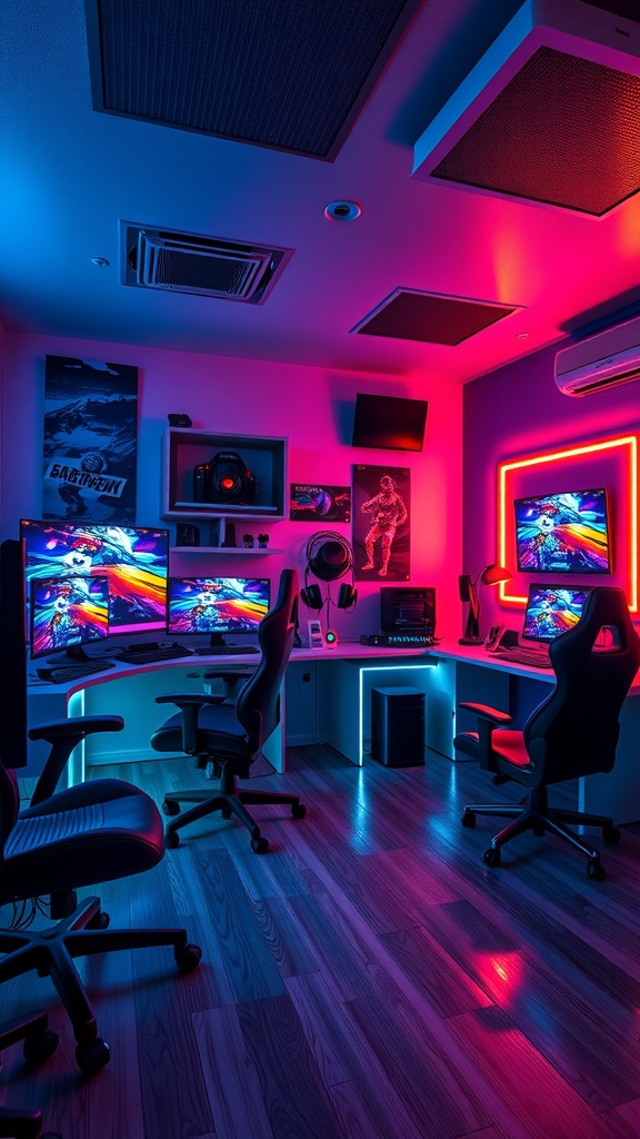 A vibrant gaming setup featuring two desks with multiple monitors, ergonomic chairs, and colorful LED lighting.
