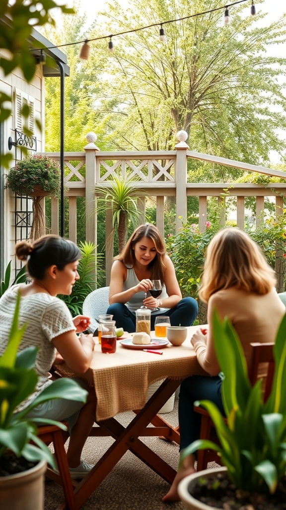 Three women enjoying drinks and snacks at a garden baby shower