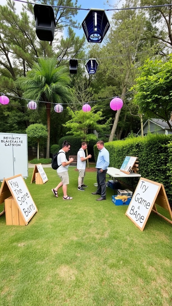 Outdoor baby shower game stations with colorful lanterns and wooden signs inviting guests to play.