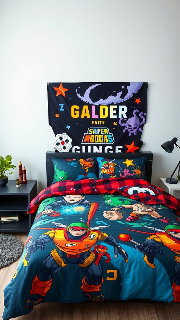 Image of a gaming-themed bedroom with colorful bedding and wall decoration.