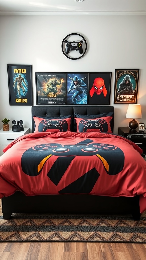 A gaming-themed bedroom featuring red bedding with a game controller design, matching pillows, and gaming posters on the wall.